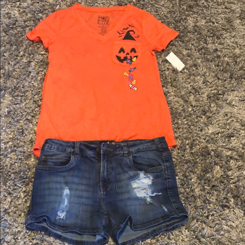 Spring tee Halloween treats and shorts.